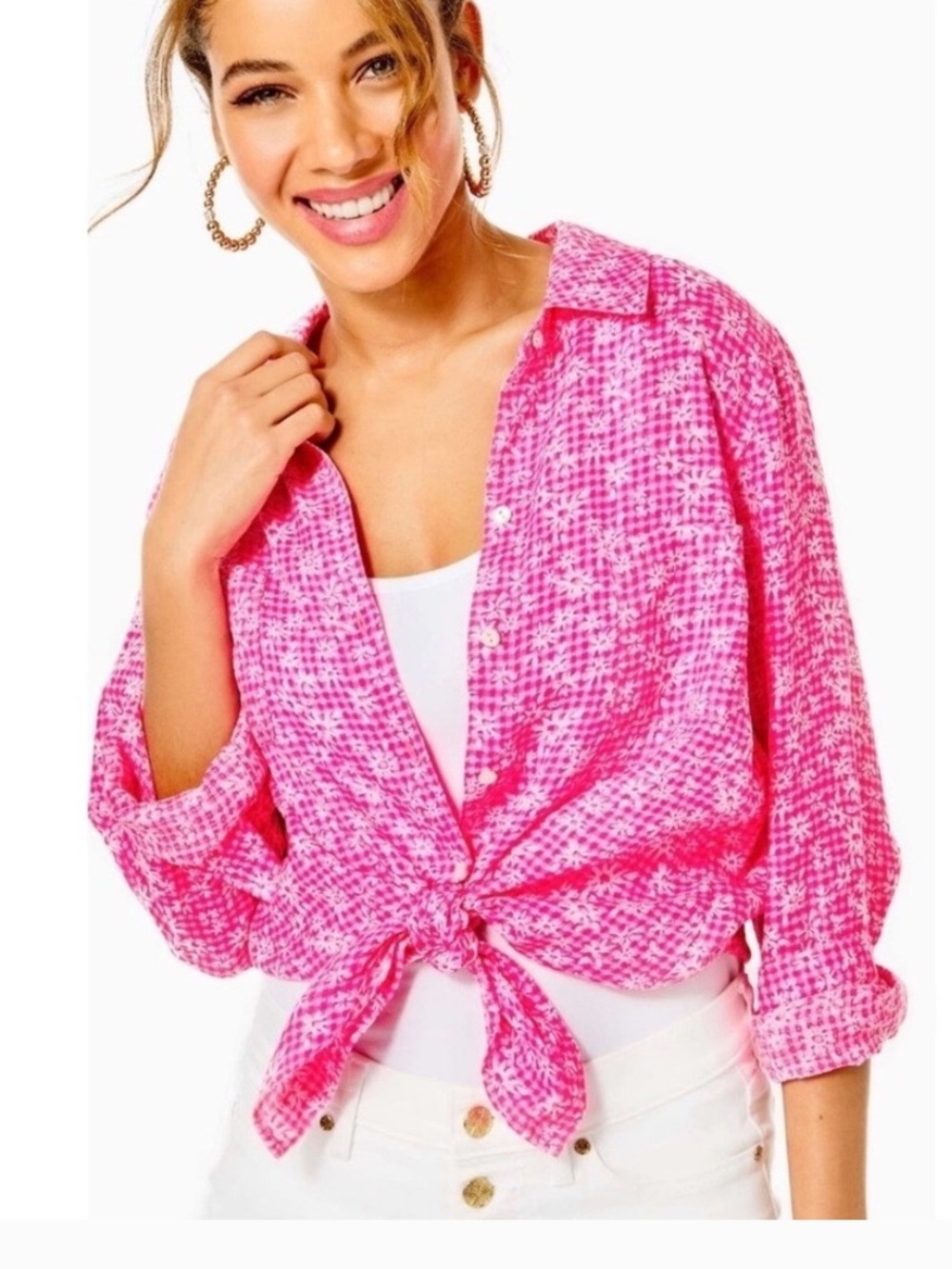 Lilly Pulitzer Sea View Linen Button Down Top Pink Check You Out - Picture 2 of 7